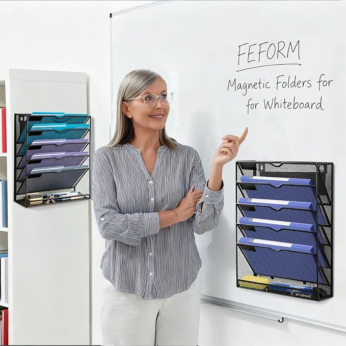 6-Tier Magnetic File Holder Hanging Magnetic File Folder Holder Organizer | Doule-Magnetic, Metal, No Assembly Required Magnetic Mail Paper Organizer for Refrigerator, Whiteboard