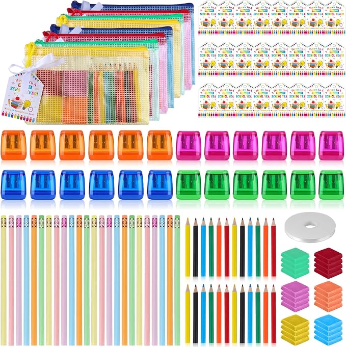 145 Pcs Back to School Supplies Kit Include Mesh Zipper Pouch Bags, Pencils, Colored Pencils, Erasers, Pencil Sharpeners, Gift Cards, Ribbon for Classroom Exchange Elementary Students Teacher Rewards