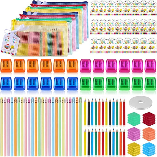 145 Pcs Back to School Supplies Kit Include Mesh Zipper Pouch Bags, Pencils, Colored Pencils, Erasers, Pencil Sharpeners, Gift Cards, Ribbon for Classroom Exchange Elementary Students Teacher Rewards