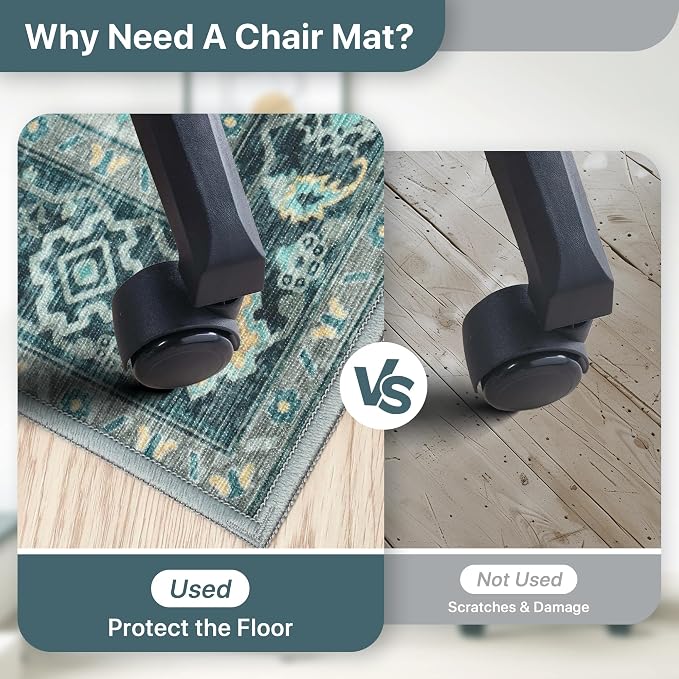 36"x60" Office Chair Mat for Hardwood Tile Floor, Under Desk Carpet Protector for Rolling Computer Chair Mat, Machine Washable Area Rug, Anti-Slip 1/5" Thick Low Pile Thin Vinyl Floor Mat, Turquoise