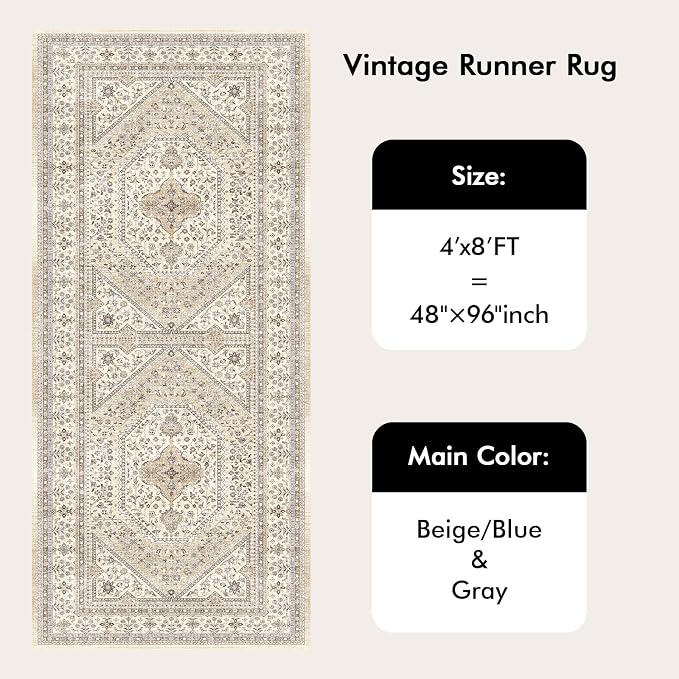4x8 Runner Rug for Hallway Washable: Non Slip Kitchen Rugs with Rubber Backing Soft Waterproof Wide Mats Stain Resistant Low Pile Carpet for Entryway Bedroom Bathroom Laundry Home Decor Beige/Gray