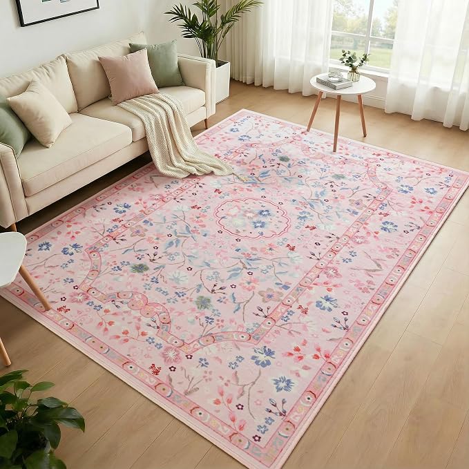 3x5 Area Rugs for Bedroom, Pink Machine Washable Rug, Non-Slip Low Pile Throw Rugs with Rubber Backing Printed Vintage Floral Carpet for Living Room Dining Room Kitchen Home Decor