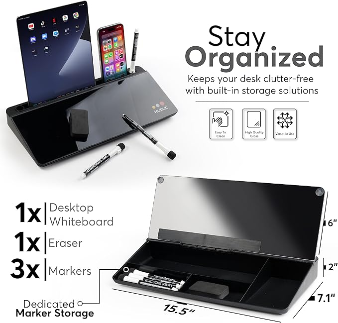 Small Glass Desktop Whiteboard with Storage,15.3"x7.08"x2.16" inch Desktop Dry Erase Board with Markers & Duster, Desk White Board Buddy Organizer for Home, Office, School (Black)