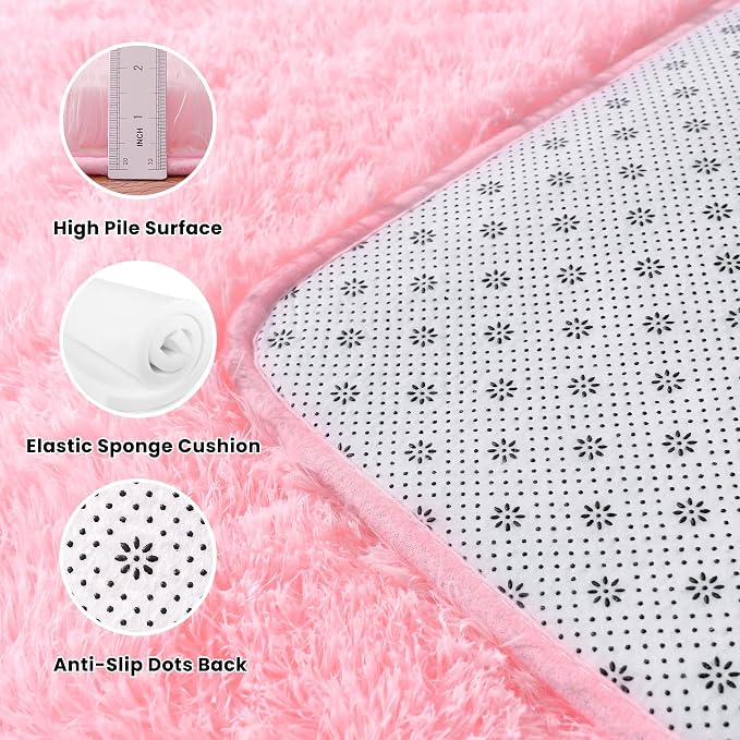 Awaytail 3x5 Fluffy Pink Area Rug - Soft Cute Shag Fuzzy Rug for Bedroom - Anti-Skid Living Room Girls Rug Pink Home Decor