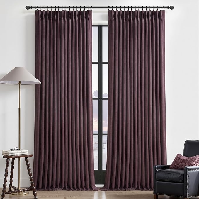 Blackout Thick Linen Viral Curtains 96 Inches Long 2 Panels Set for Dining Room, Dark Purple Memory Trained Pinch Pleat Dual Layer Heavy Drapes Insulated Noise Cancelling Textured Windows Curtain 8 FT