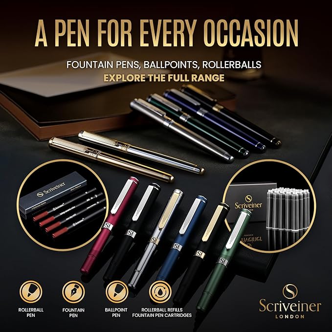 Scriveiner Gold Luxury Fountain Pen (Medium) - Award Winning - Heavy Pocket Stunning Luxury Pen, Real Gold Plating, German Nib & Converter, Nice Gift Pens for Men & Women