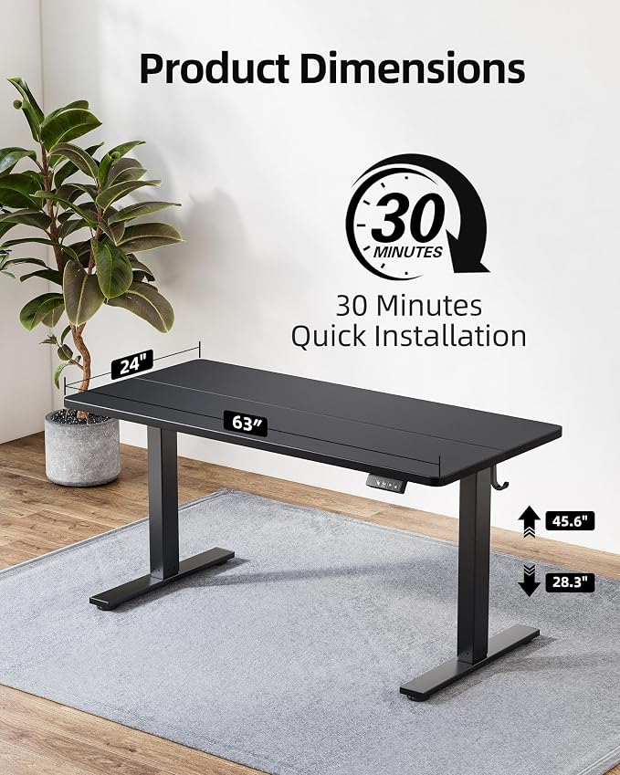 TIQLAB Standing Desk 63 x 24 inch, Electric Height Adjustable with Splice Board, Sit Stand Desk, for Home Office, Black