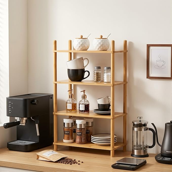 4-Tier Bamboo Rack | Tool-Free Expandable (2-6 Tiers) | Kitchen Spice Organizer & Office Breakroom Snack/Cup Storage (Nature, 15.6" W(4 Tier))