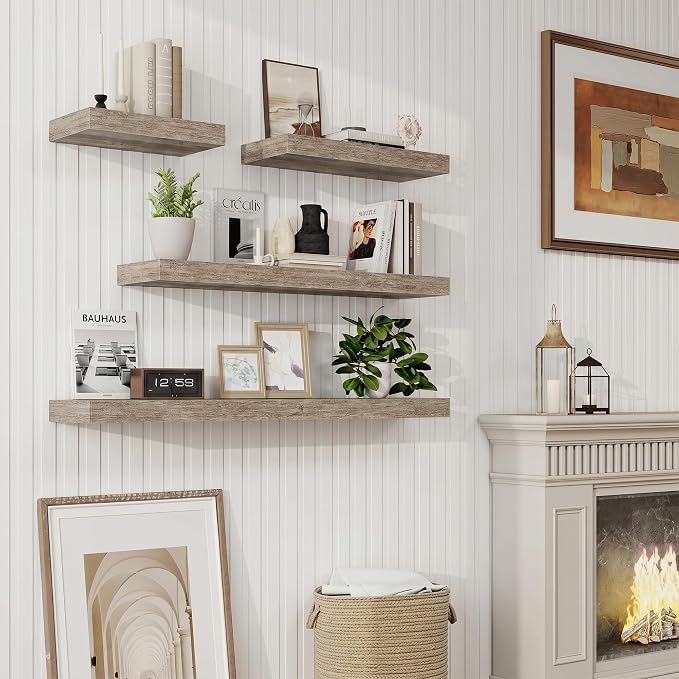 Marsmiles 55in Floating Shelves for Wall, 72" W x 9.25" D x 1.5" H, Long Wall Mounted Engineered Wood Shelves with Invisible Brackets for Living Room, Bedroom, Bathroom, Kitchen, Grey, 2Pcs
