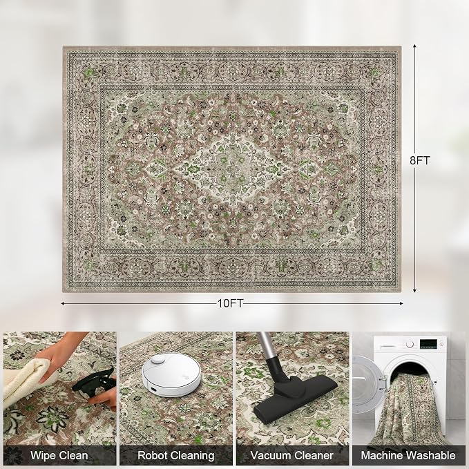 Green Washable Vintage Non Slip Area Rug, 8x10 Boho Floral Living Room Rugs, Soft Low Pile Indoor Mat, Aesthetic Pattern Carpet for Bedroom Kitchen and Dining Room