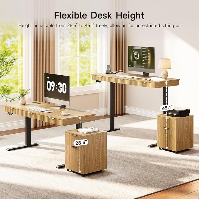 55" Electric Standing Desk with File Cabinet, Height Adjustable Desk,Oak | Standing Desk with Drawers, Roilling Filing Cabinet, File Cabinet with Drawers, Adjustable Desk for Home Office, Work, Study