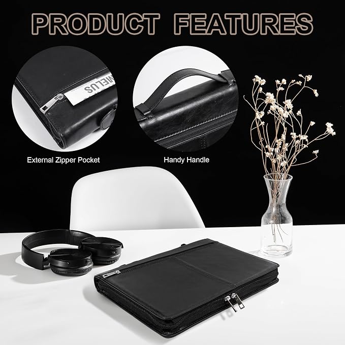Calfinder Vegan Leather Padfolio with Zipper&Handle,Padfolios for Women&Men,Business Portfolio Organizer for Ipad,Notepad Folder with Phone Pocket and Card Holder,Portfolio Binder