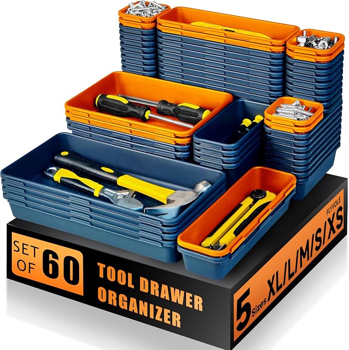 Tool Box Organizer Tray, 60 PCS & 5 Sizes, Blue and Orange | Upgraded Tool Drawer Organizer, Scratch-Resistant Plastic, Interlocking Design, Toolbox Organization for Rolling Tool Chest