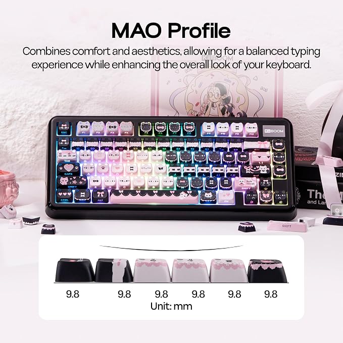 KiiBOOM Cute Cat Keycaps Set, Mao Profile, PC+ABS Keycap for MX Switches Mechanical Keyboard, Compatible with 60%, 65%, 75%, TKL, 96%, Full-Sized Layout (Meow Bow)