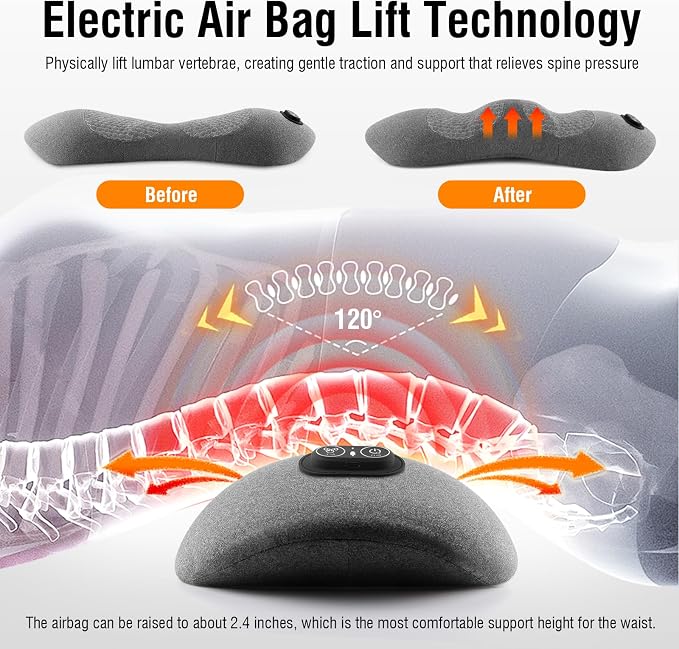USUIE Electric Lumbar Support Pillow, Lower Back Massager for Pain Relief | Heat & Massage & Smart Traction in One, Ergonomic Memory Foam, Ideal for Sciatica, Back Restore, Use in Car/Office/Home/Chair