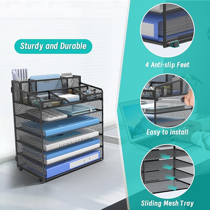 6 Tier Mesh Paper Desk Organizer with Pen Holders, Black | Features 3 pen holders, and 5 adjustable compartments for office school home desk storage