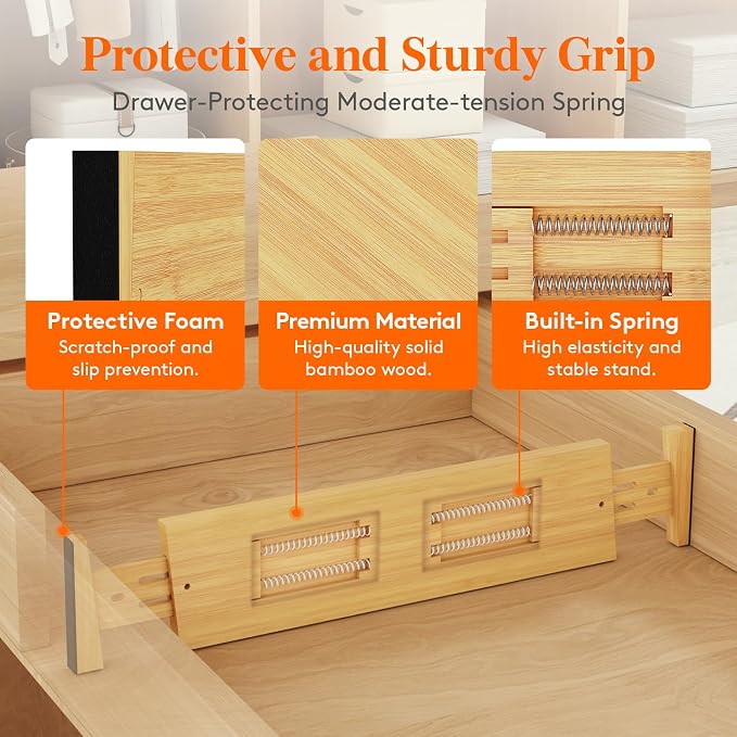 Lifewit 4" High 5 Pack Bamboo Drawer Dividers 43-54cm/17-21.5" Adjustable Wooden Drawer Organizer for Clothes/Utensils, Expandable Drawer Separator for Dresser/Kitchen/Bedroom/Office Organization
