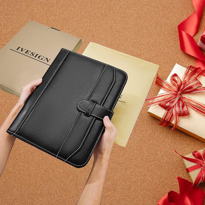 Leather Portfolio Notebook with Folder，Storage Clipboard with Cover for Legal Pad Holder Letter Size A4 Writing Pad for Business School Office Resume Conference Notepad Clip Boards(Black)