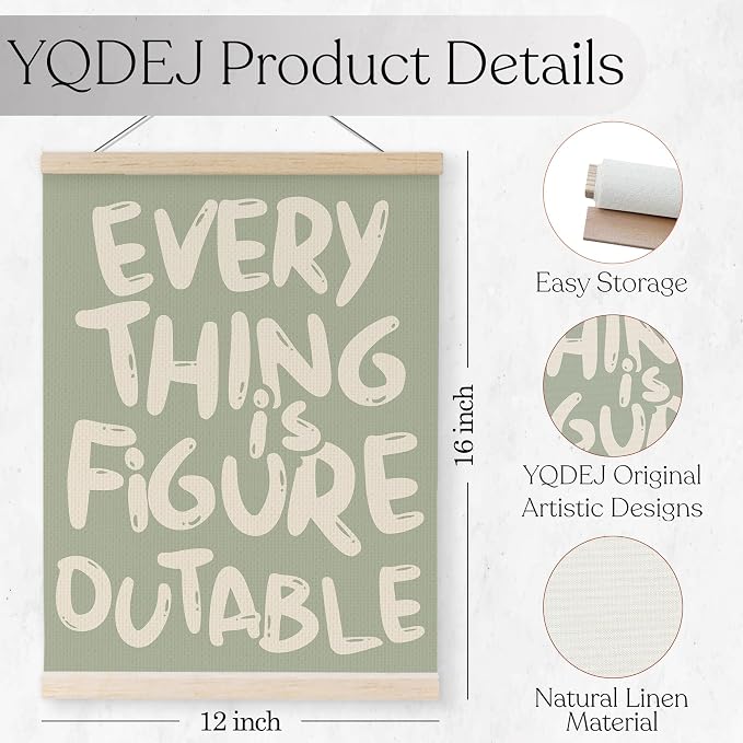 YQDEJ Green Everything Is Figureoutable Inspirational Wall Art Poster Hanger Frame, Positive Affirmations Wall Decor, Motivational Wall Art for Home Office Classroom, 12x16 Inch