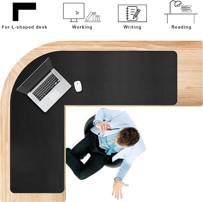 CENNBIE Large L-Shaped Leather Desk Pad (‎‎59" + 67") x19.6 - Home Office Accessories Corner Desk Mat (Black)