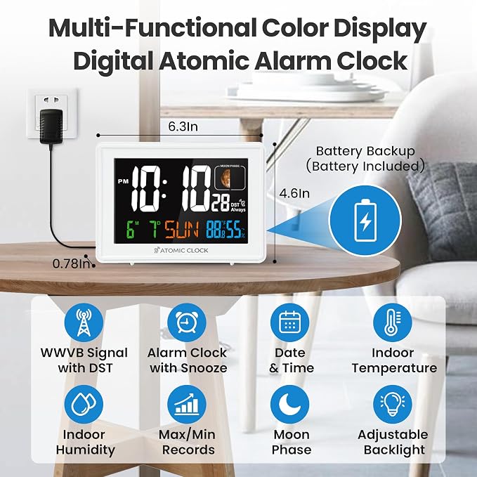 Digital Atomic Alarm Clocks for Bedrooms Battery Backup | Color Display, Self-Setting Clock, Auto DST, Indoor Temperature Humidity, Moon Phase, Calendar, Time, Day of Week, White