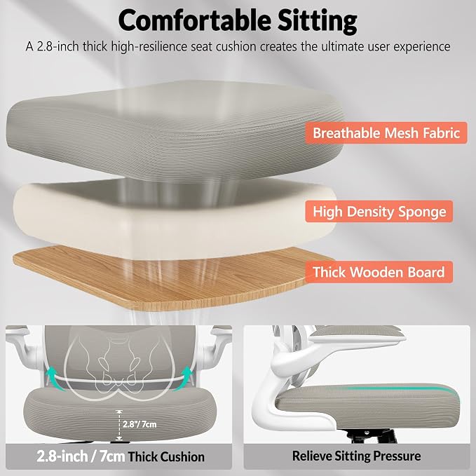 BESTFAIR Ergonomic Mesh Office Chair, Breathable Mesh Computer Desk Chair, Adjustable Lumbar Support, Flip-up Armrests, Executive Swivel Chair for Home Office, LightGray Pack of 4
