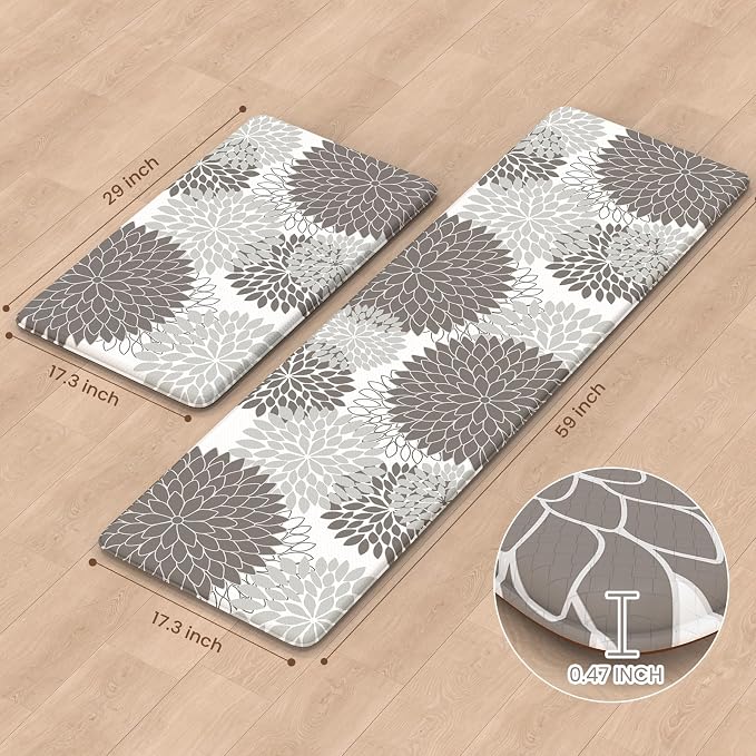 KIMODE Anti Fatigue Kitchen Mats for Floor Cushioned Kitchen Rugs Sets of 2 | 17"x59"+17"x29",Floral,Grey,Non-slip,Waterproof,Kitchen Runner Rug,Comfort Foam Paded Mat for Floors Office Laundry Sink