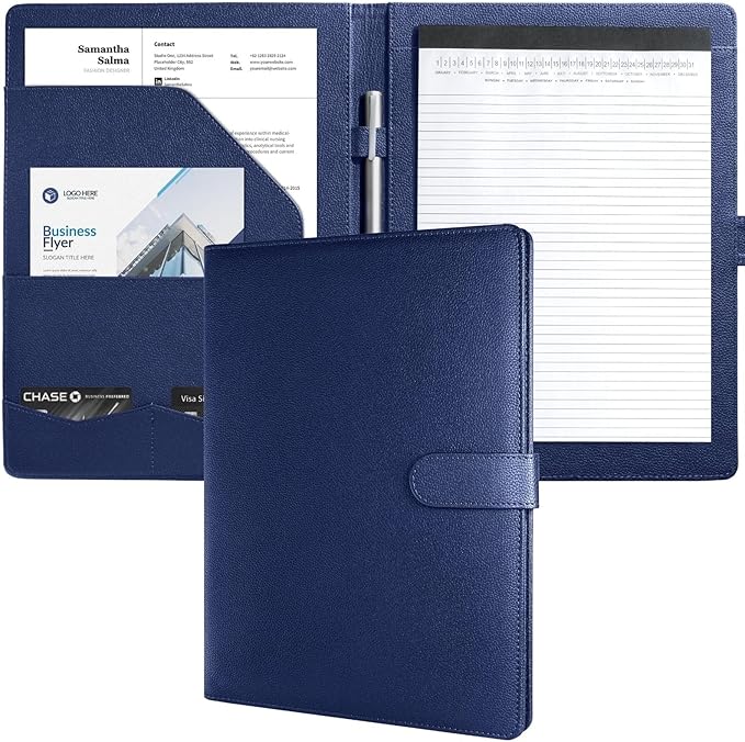 Mymazn Padfolio Portfolio Folder, Faux Leather Interview Resume Folder with Document Organizer & Business Card Holder, Letter-Sized Notepad Legal Pad Holder for Men Women (Deep Blue)