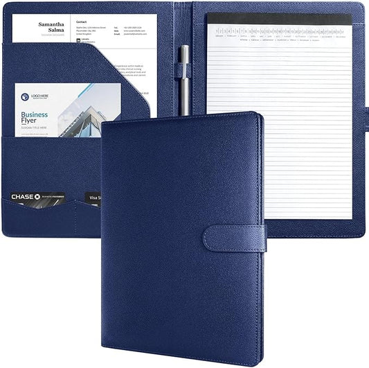 Mymazn Padfolio Portfolio Folder, Faux Leather Interview Resume Folder with Document Organizer & Business Card Holder, Letter-Sized Notepad Legal Pad Holder for Men Women (Deep Blue)