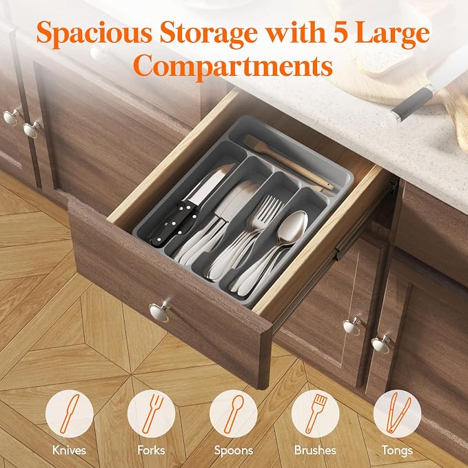 Lifewit Silverware Drawer Organizer Tray, Plastic Cutlery Storage for Kitchen, Flatware and Utensil Holder Divider for Spoons Forks Knives Tableware, 9.1 x 12.6", 5 Slots, Gray