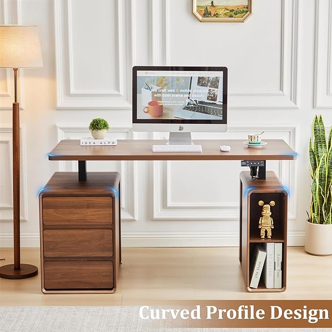 Farmhouse Electric Standing Desk, 55" Height Adjustable Computer Desk | Electric Stand up Desk with 3 Drawers & Storage Shelf, Mid Century Home Office Desk Wood Sit Stand Desk for Work Study,Walnut