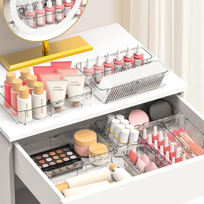 DILIBRA 12 Pcs Clear Extendable Drawer Organizer, Adjustable Drawer Storage | 2-Size Desk Drawer Organizer, Plastic Non-Slip Storage Bins for Makeup Cosmetic Jewelries Utensils Stationery Dressers Tool