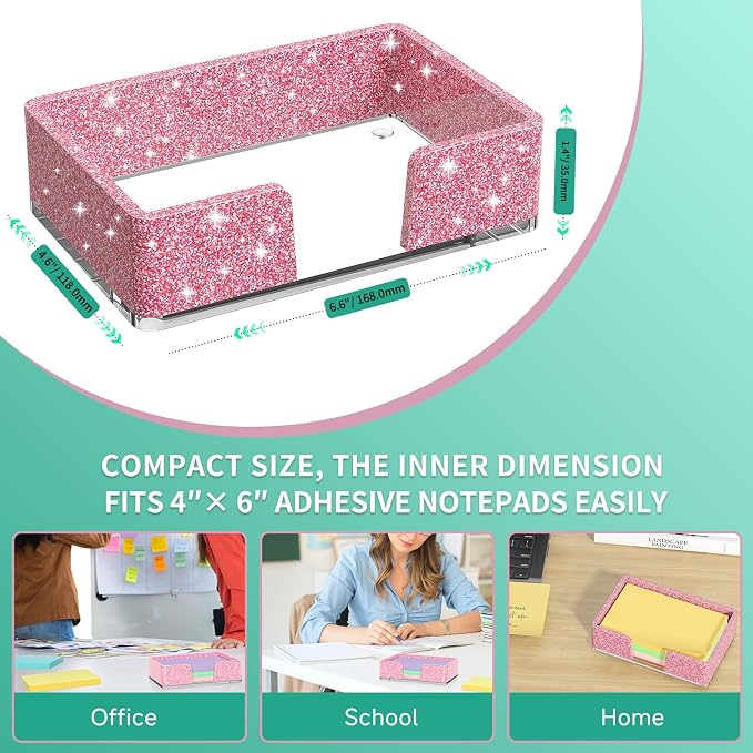 Sticky Note Holder, Glitter Pink Acrylic Notepad Holder 4x6 in Self-Stick Note Dispenser Office Desk Accessories, Memo Pad Holder Organizer for Classroom School Supplies