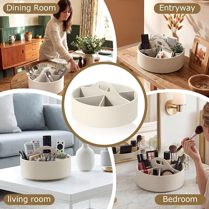 360° Rotating Leather Desk Storage Organizer with 6 Slots and Handle Extra-large Pen Holder Spinning Pencil Storage Lazy Susan Organizer Office Desk Supplies Marker, Art Supply (Beige)