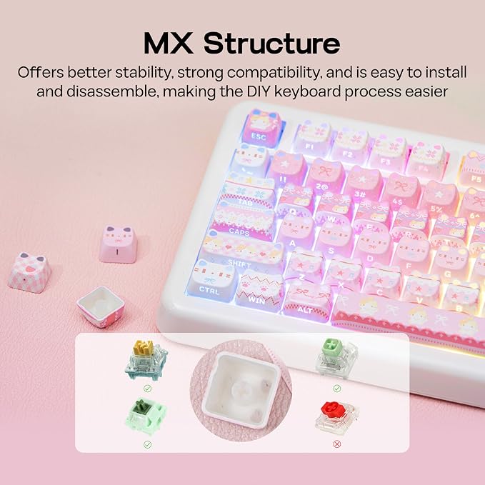 KiiBOOM Cute Cat Keycaps Set, Mao Profile, PC+ABS Keycap for MX Switches Mechanical Keyboard, Compatible with 60%, 65%, 75%, TKL, 96%, Full-Sized Layout (Pink Meow)