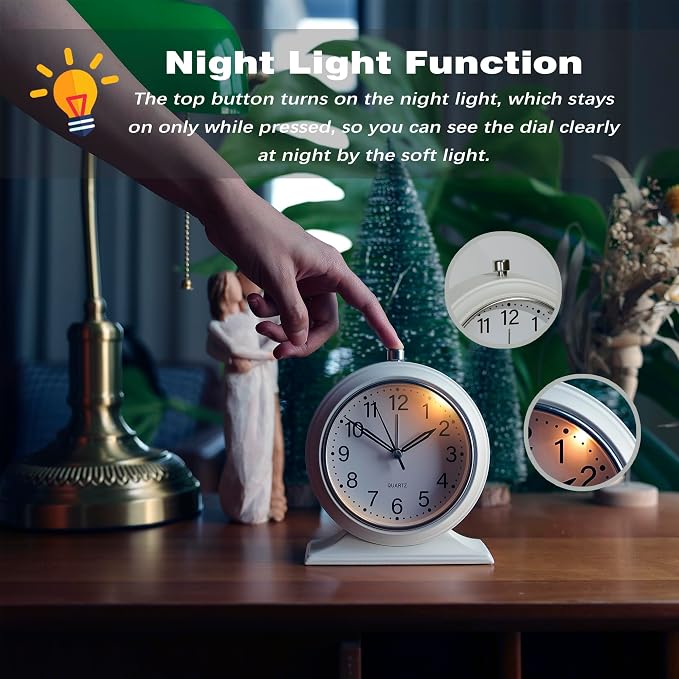 AYRELY® 5.5" Vintage Metal Alarm Clock, Desk and Table Clock for Shelf | Battery Operated Silent Analog Clock with Light for Living Room,Mantel, Bedside and Home Decor (White)