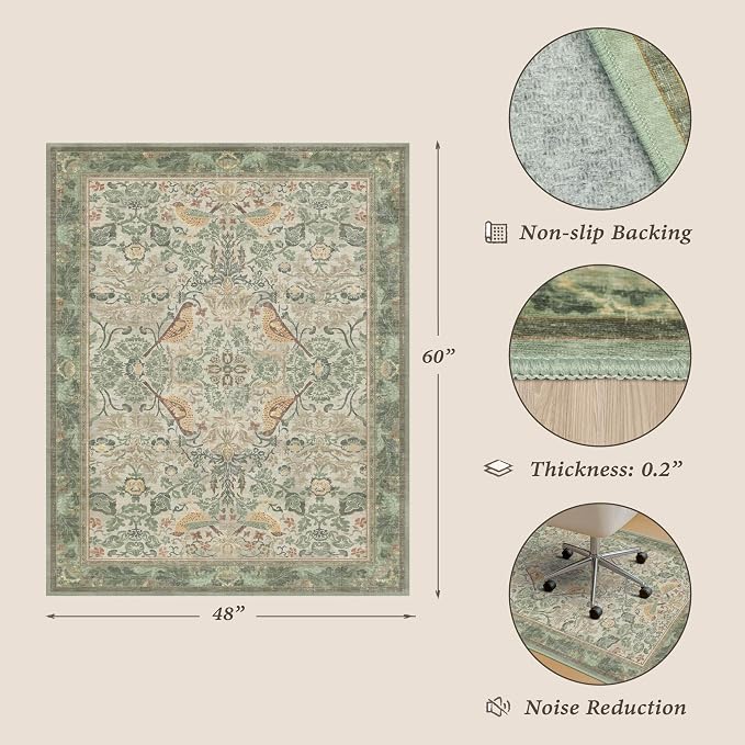 Vintage Farmhouse Office Chair Mat for Hard Wood Floors, Anti-Slip Floral Bird Floor Protector for Heavy Duty Computer Chair, 48"x60" Low Pile Under Desk Rug, Sage Nature Botanical Indoor Décor