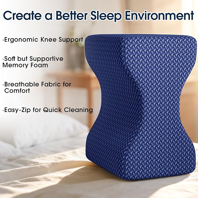 BlissTrends Memory Foam Knee Pillow, Knee Pillow for Side Sleepers, Leg Pillows for Sleeping Blood Circulation, Elevation Pillow for Spine Aligning, Sciatica, Hip, Knee, Ankle Pain, Blue, Medium