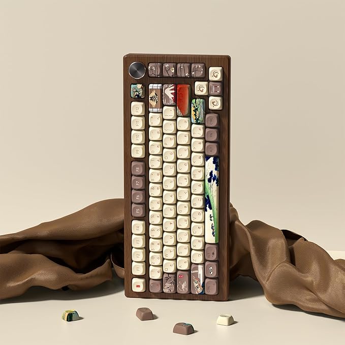 Womier Japanese Keycaps Set 130 Keys MOA Profile for Mechanical Keyboards, Brown Beige Custom PBT Keycaps Set, Dye Sub Side Print, 60 65 75 100 Percent for US Layout Mechanical Keyboard (Fuji)