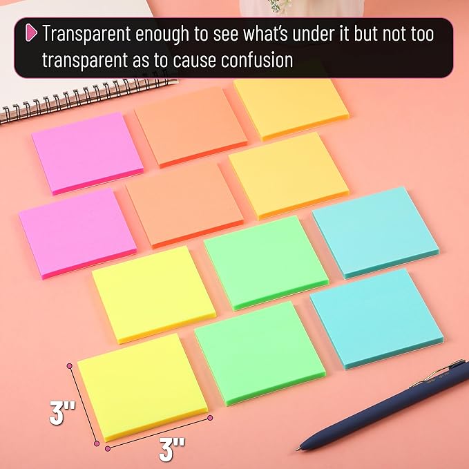 Mr. Pen- Transparent Glitter Sticky Notes, 3”x3”, 12 Pads, 600 Sheets | Glitter Transparent Note Pads, Self-Stick Bible Journaling Sticky Note for Women, Stocky Notes for Bible Journaling