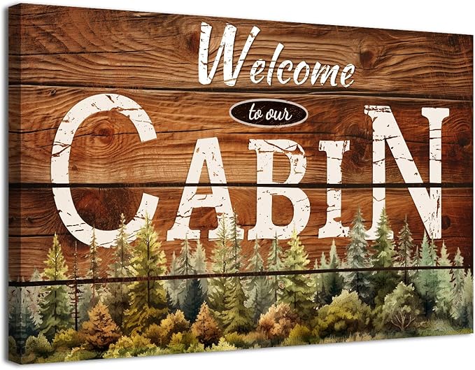 Rustic Cabin Wall Art Brown Woodland Nursery Wall Decor for Living Room Vintage Farmhouse Forest Grain Background Prints Welcome to our Cabin Picture Modern Artwork Bedroom Cave Home Decoration 32x48"