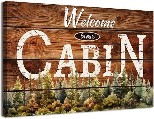 Rustic Cabin Wall Art Brown Woodland Nursery Wall Decor for Living Room Vintage Farmhouse Forest Grain Background Prints Welcome to our Cabin Picture Modern Artwork Bedroom Cave Home Decoration 32x48"