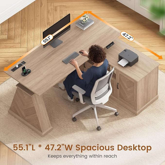 Farmhouse L Shaped Electric Standing Desk with Power Outlet & 2 Cabinets, 55.1" x 47.2" Height Adjustable Office Executive Standing Desk with Storage, File Drawer & Shelf, Natural