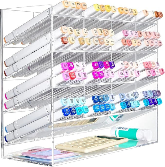 MotiMind Acrylic Pen Organizer Storage for 200 Marker Vertical Marker Organizer Acrylic Pen Display Holder for Office Desk Desktop Stationery Pencil Storage, Clear, 13 x 5 x 10.2 Inch