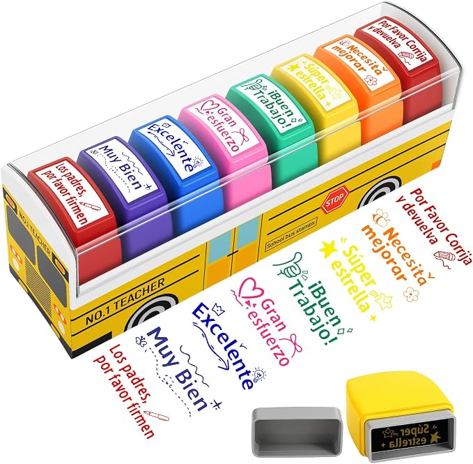 8Pcs Spanish Teacher Stamps for Classroom Rubber Self Inking Grading Stamps Set Motivation Teacher Stamp Set for Bilingual School Elementary Kid Homework Reward Supplies, Sellos para Maestros