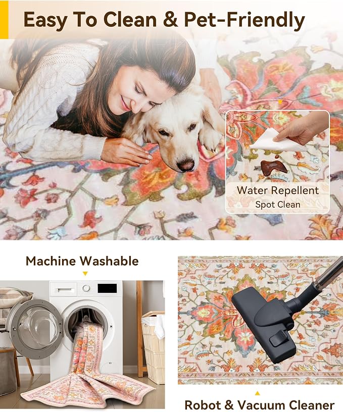 RELEANY Area Rugs 4'x5' Washable Non-Slip, Floral Vintage Distress Medallion Carpet for Living Room Bedroom Dining Room, Light Pink Colorful