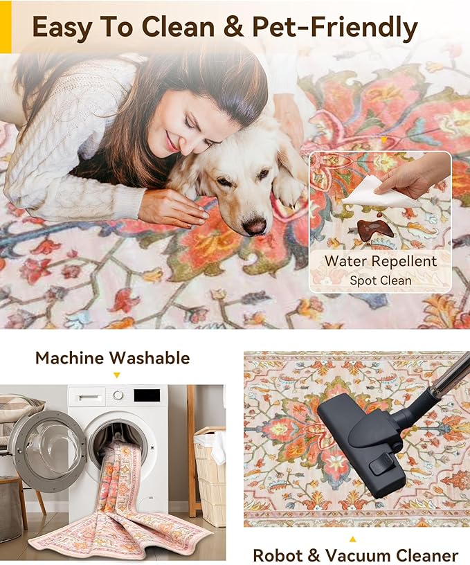 RELEANY Area Rugs 7'x9' Washable Non-Slip, Floral Vintage Distress Medallion Carpet for Living Room Bedroom Dining Room, Light Pink Colorful