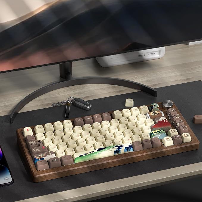 Womier Japanese Keycaps Set 130 Keys MOA Profile for Mechanical Keyboards, Brown Beige Custom PBT Keycaps Set, Dye Sub Side Print, 60 65 75 100 Percent for US Layout Mechanical Keyboard (Fuji)