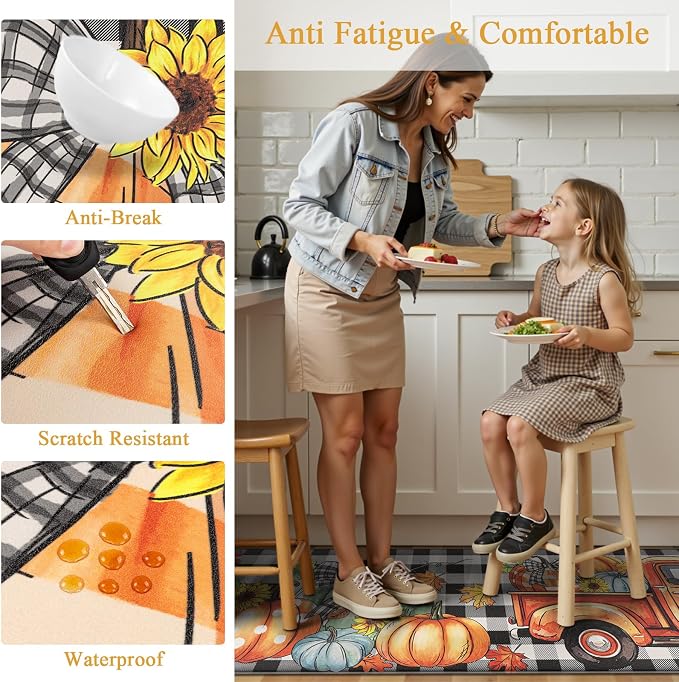 SHACOS Anti Fatigue Fall Kitchen Rugs Set of 2 Pumpkins and Sunflower | Waterproof Non Slip Cushioned Comfort Kitchen Floor Mats Harvest Autumn Black White Checkered Farmhouse Mat 17x27.5+17x47"