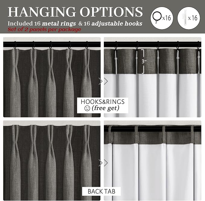 Pinch Pleated Blackout Curtains 90 Inches Long for Bedroom 2 Panel Set, Memory Trained Dark Grey Two Layer Thick Linen Sound Dampening Thermal Rustic Windows Curtain for Living Room Darkening Drapes
